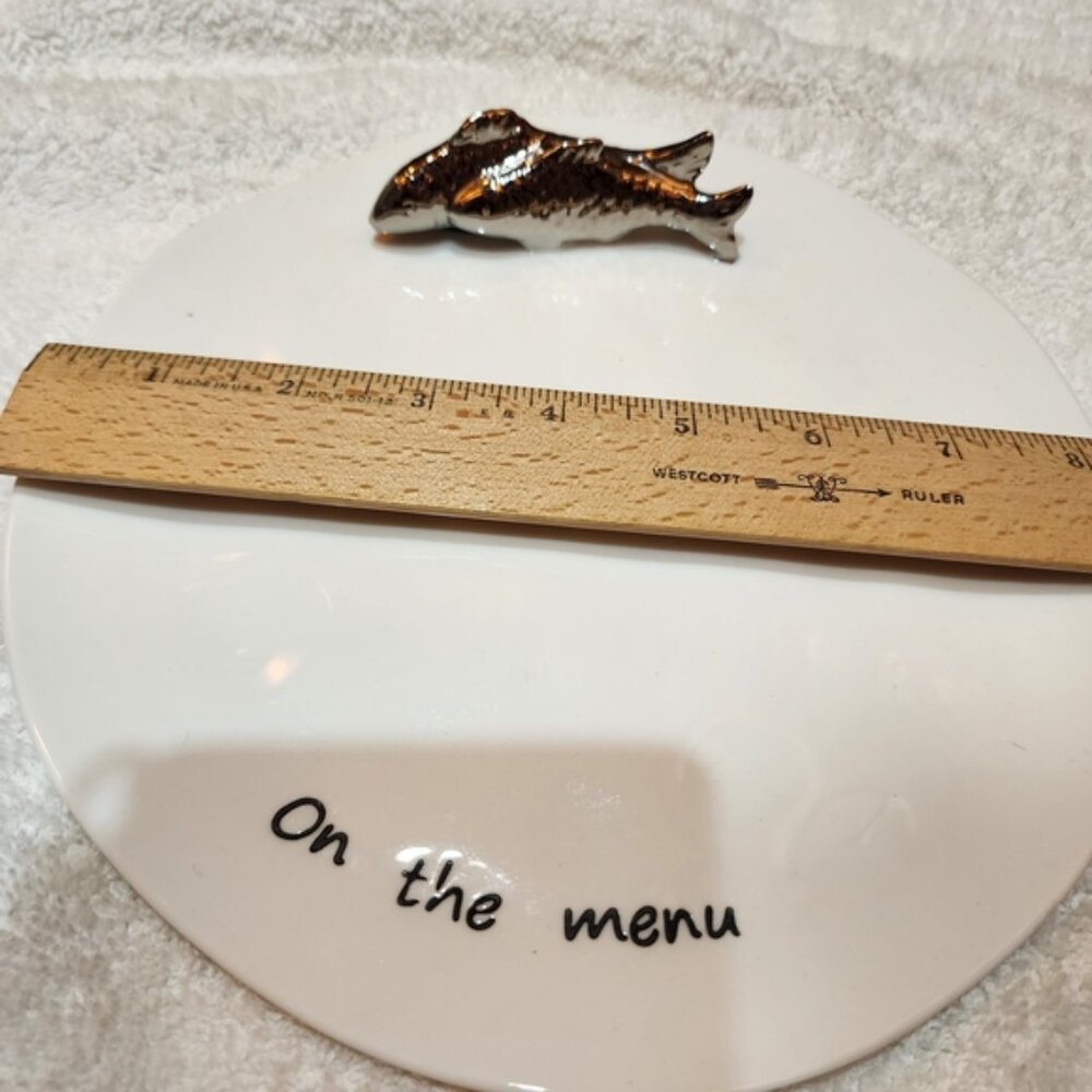 White Appetizer Plate with ON THE MENU Fish Design